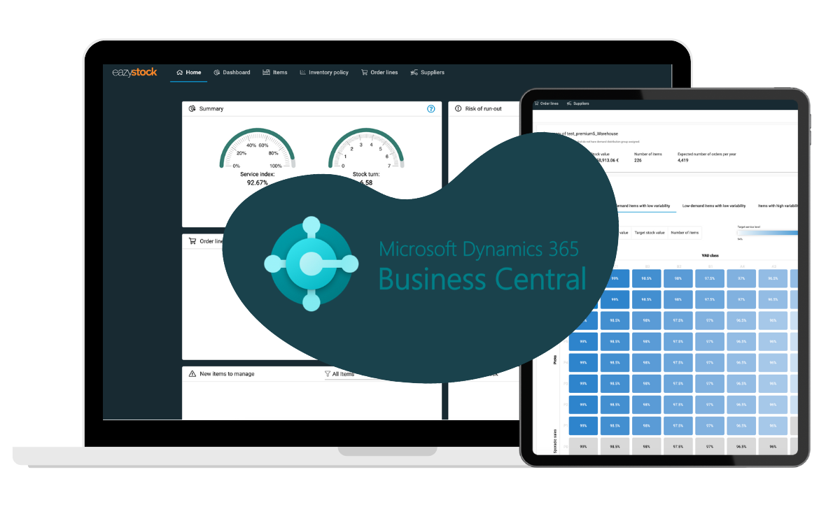 EazyStocks bildskärm med Business Centrals logo ovanpå.