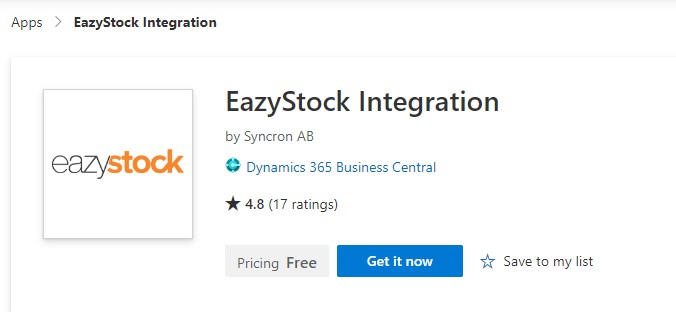 A screenshot of the Microsoft AppSource link to EazyStock for Microsoft Dynamics 365 Business Central connector