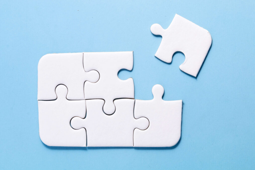 Six piece white jigsaw with rounded corners with the two rows of three. The top right corner piece isn't connected ERP add-ons