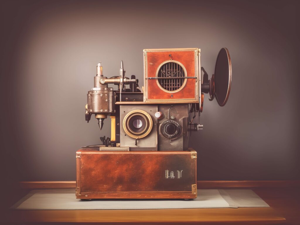 Very old-fashioned and early camera against a blight brown backdrop to show obsolete stock