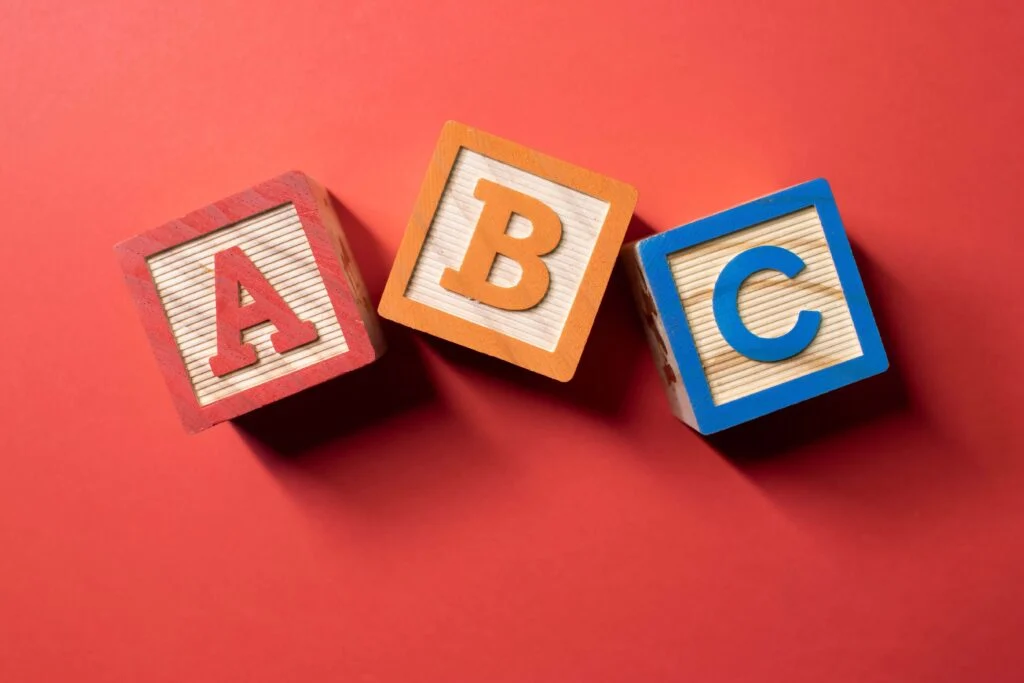Ein roter Hintergrund mit Holzblöcken, die mit A, B und C gekennzeichnet sind. Das A ist in Rot mit einem roten Rand, das B ist in Gelb mit einem gelben Rand und das C ist in Blau mit einem blauen Rand ABC-Analyse ABC XYZ