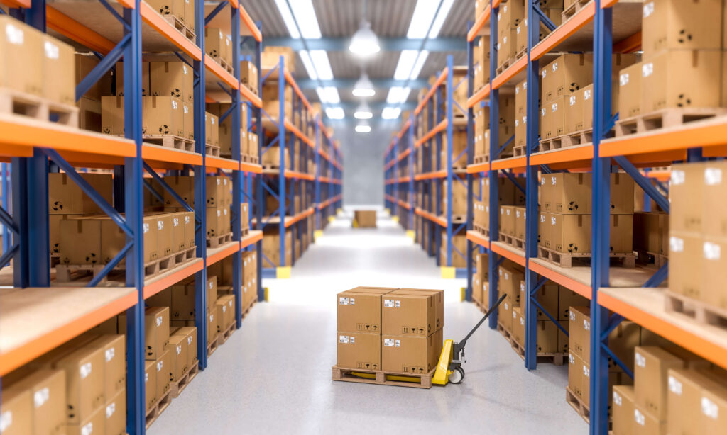 Boxes on a low loader in the middle of an aisle in a warehouse with shelves either side stacked with boxes