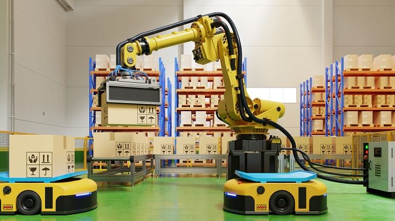 Factory Automation with AGV and robotic arm in transportation to increase transport more with safety.