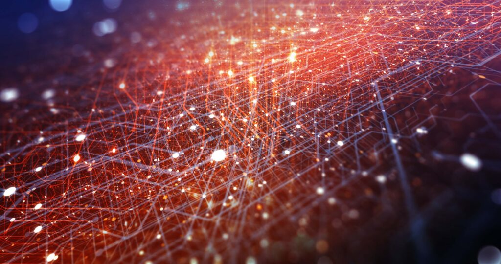 Abstract tech background made of printed circuit board. Depth of field effect and bokeh. internet connections, cloud computing and neural network, big data.