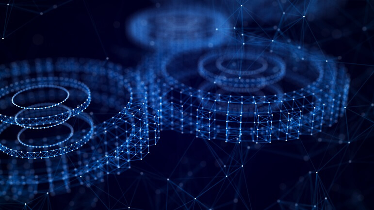 Digital cogs on a black background. Business systems for processing big data analytics in inventory management