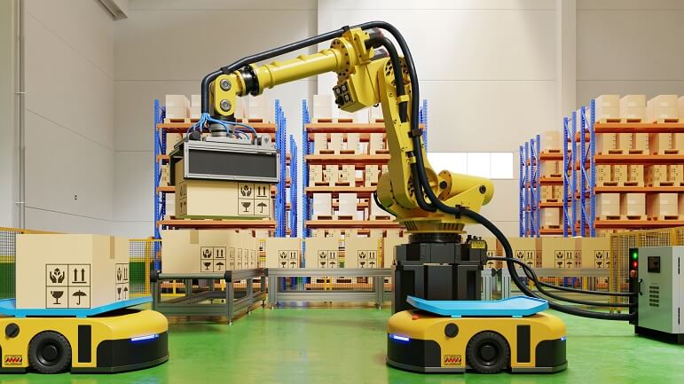Artificial intelligence in supply chain managementautomated warehouse robotic arm moving boxes