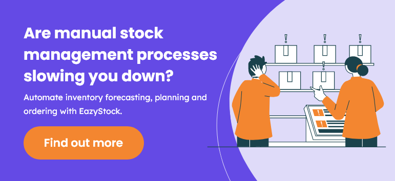 Are manual stock management processes slowing you down? Automate inventory forecasting, planning and ordering with EazyStock. Find out more. An illustration of a man scratching his head with a women looking at a computer screen and pointing at boxes on shelves with exclamation marks above them to show demand planning and forecasting.