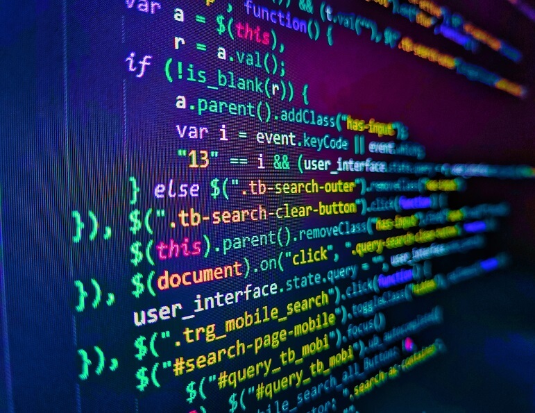 Javascript functions, variables, objects. Close up of random computer code comprised of numbers and letters. Binary code digital technology background. Web developer HTML code with CSS on screen 2023 trends supply chain and logistics management cyber threats hacking cybersecurity