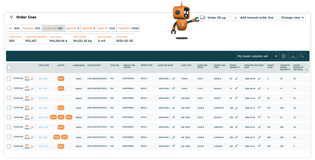 EazyStock's order lines screen showing confirmed orders with EazyBot pointing at the order fill-up functionality
