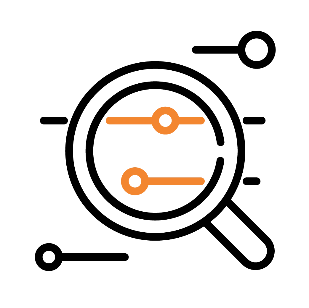 Magnifying glass icon looking at data icons