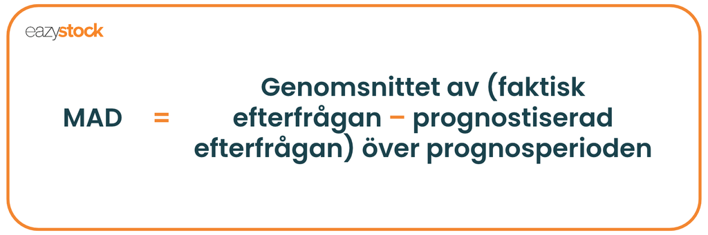 MAD = Genomsnittet av (faktiskt efterfrågan) - prognostiserad efterfrågan) över prognosperioden