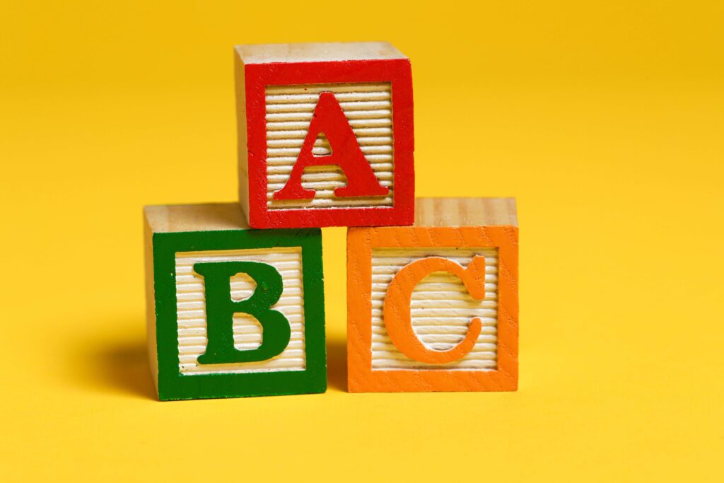 Wooden A block stacked on wooden B and C blocks on a yellow background. Inventory categorization, inventory control techniques