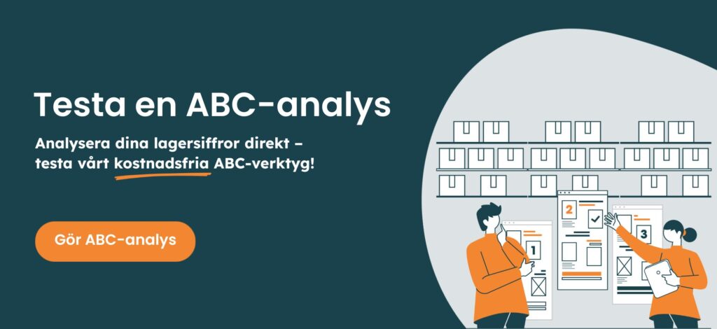 Test där det står "Analysera dina lagersiffror direkt – testa vårt kostnadsfria ABC-verktyg!"