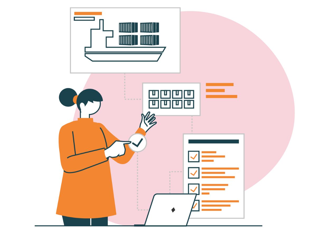 Illustration kvinna hanterar leverantörsrelationer och lager.