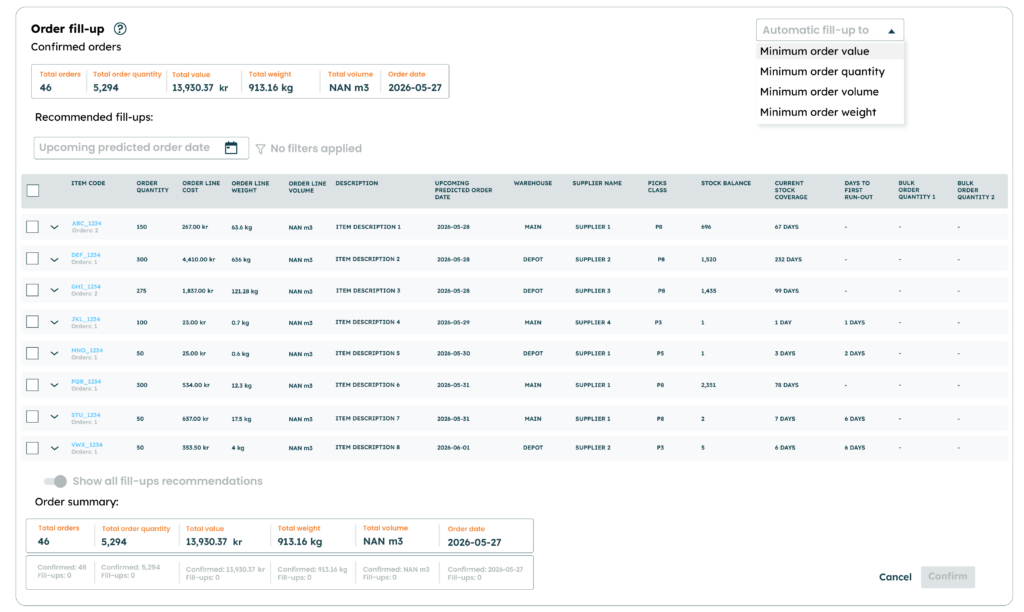 EazyStocks order fill‑up funktion.