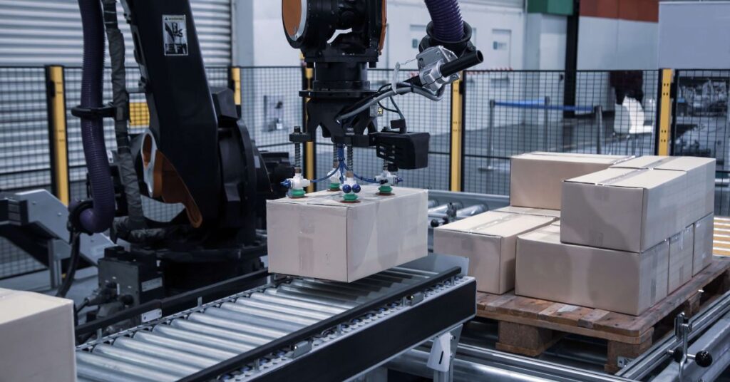 Bild på robot och kartong på en produktionslinje