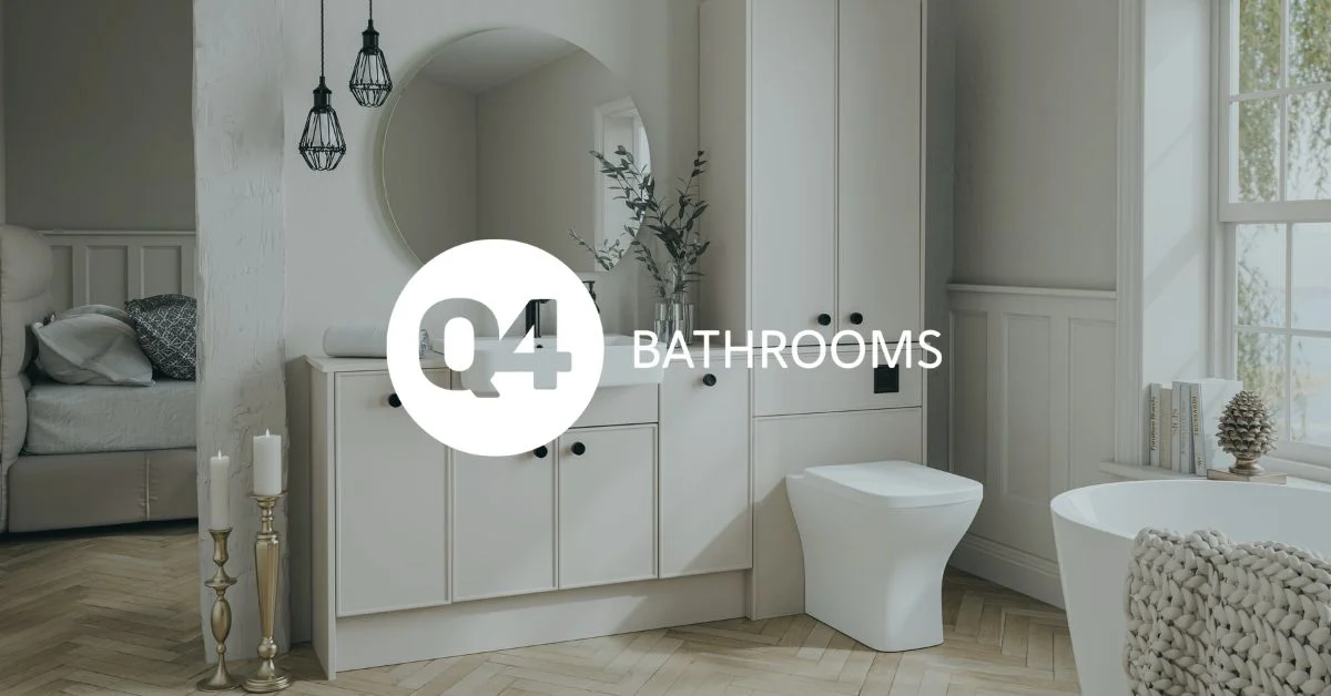 A bathroom from Q4 overlaid with Q4 Bathrooms logo