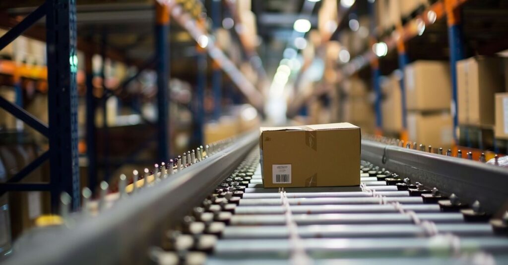 bild på en kartong på ett leveransband.