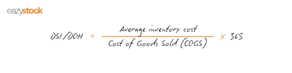 Days sales of inventory (DSI) and inventory days on hand (DOH)
DSI/DOH = (Average inventory/Cost of Goods Sold (COGS)) x 365