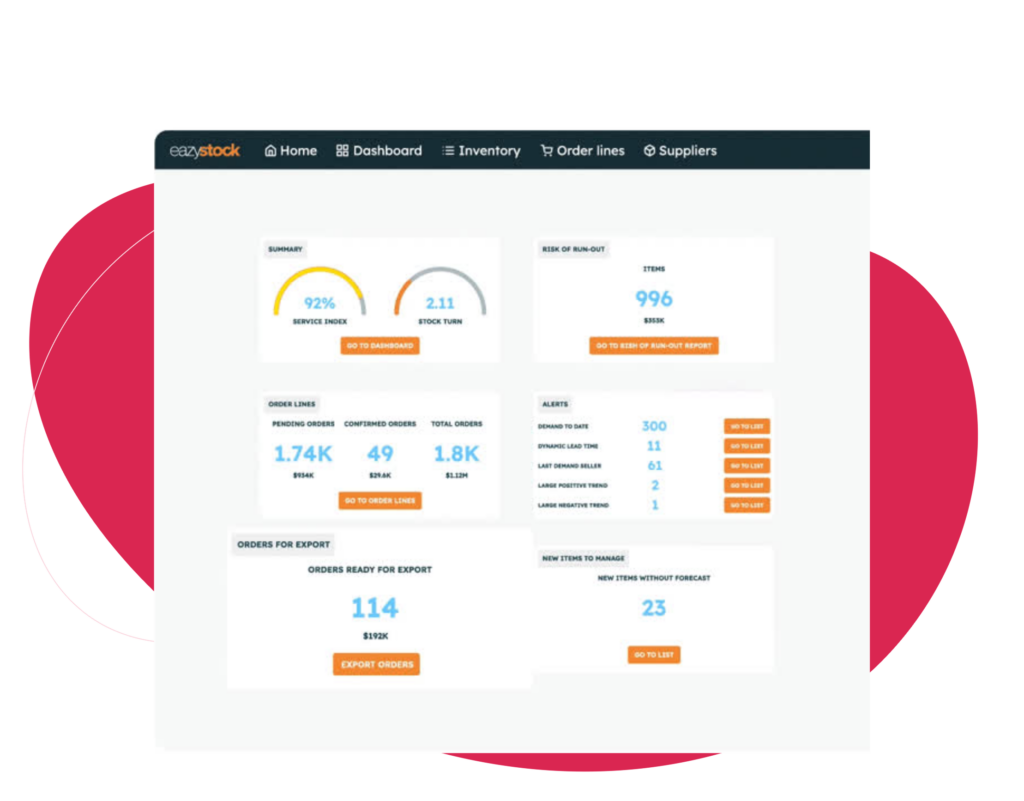 A screenshot of the EazyStock product on top of a dark pink halo.
